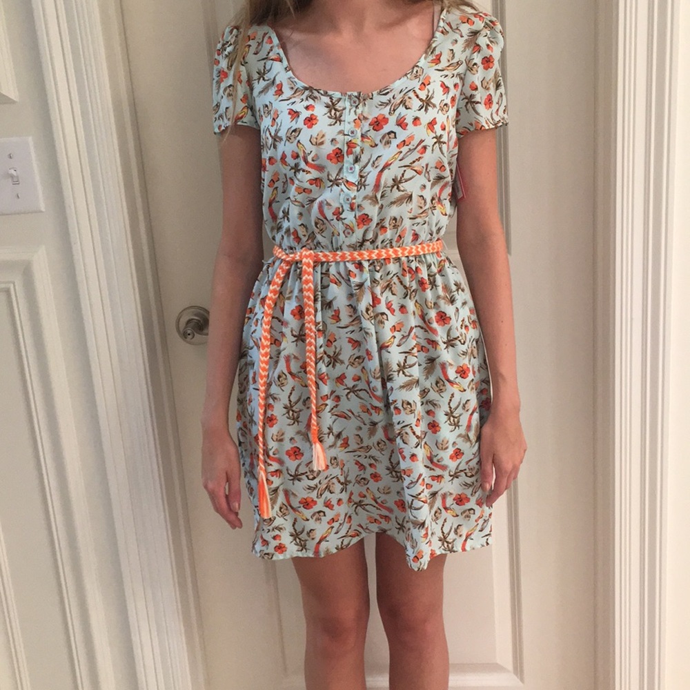 Light blue bird and flower print dress with belt.